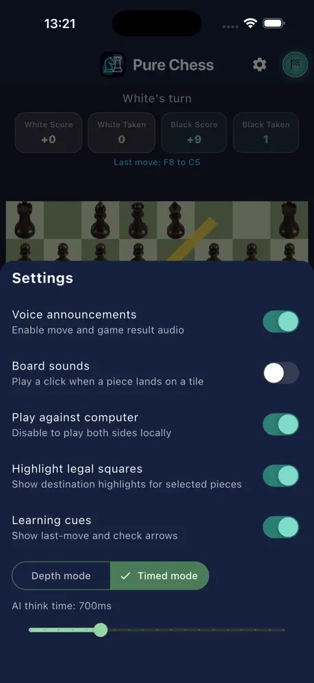 Pure Chess settings for audio, computer play, move guidance and AI mode