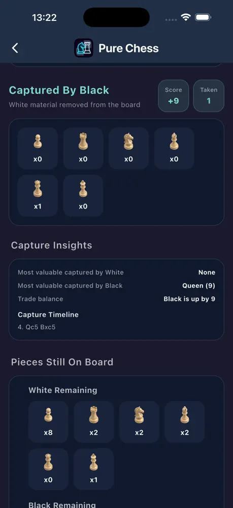 Pure Chess capture insights and remaining pieces screen