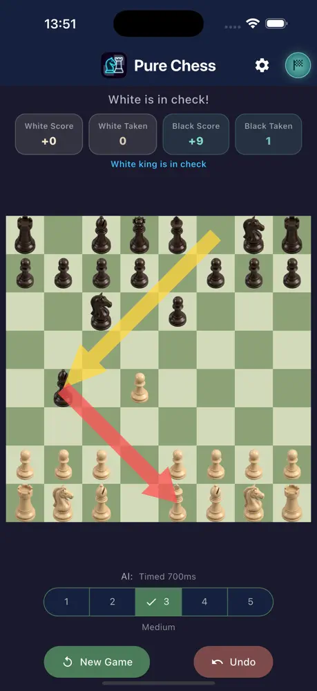 Pure Chess board showing legal-move and check learning cues