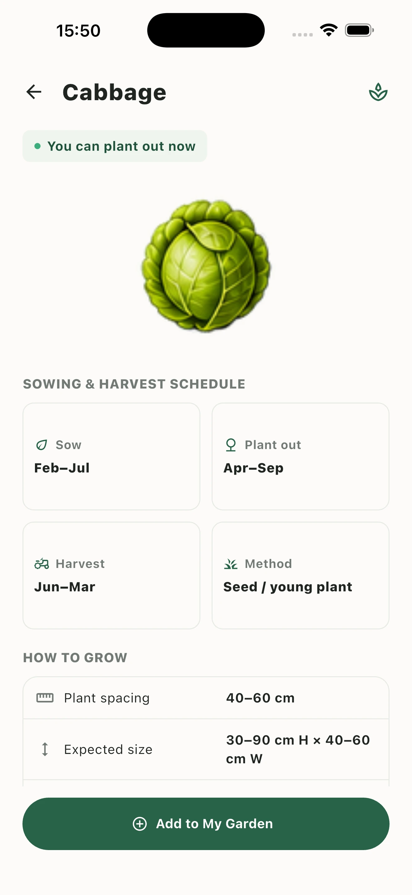 My Garden showing a cabbage harvest estimate