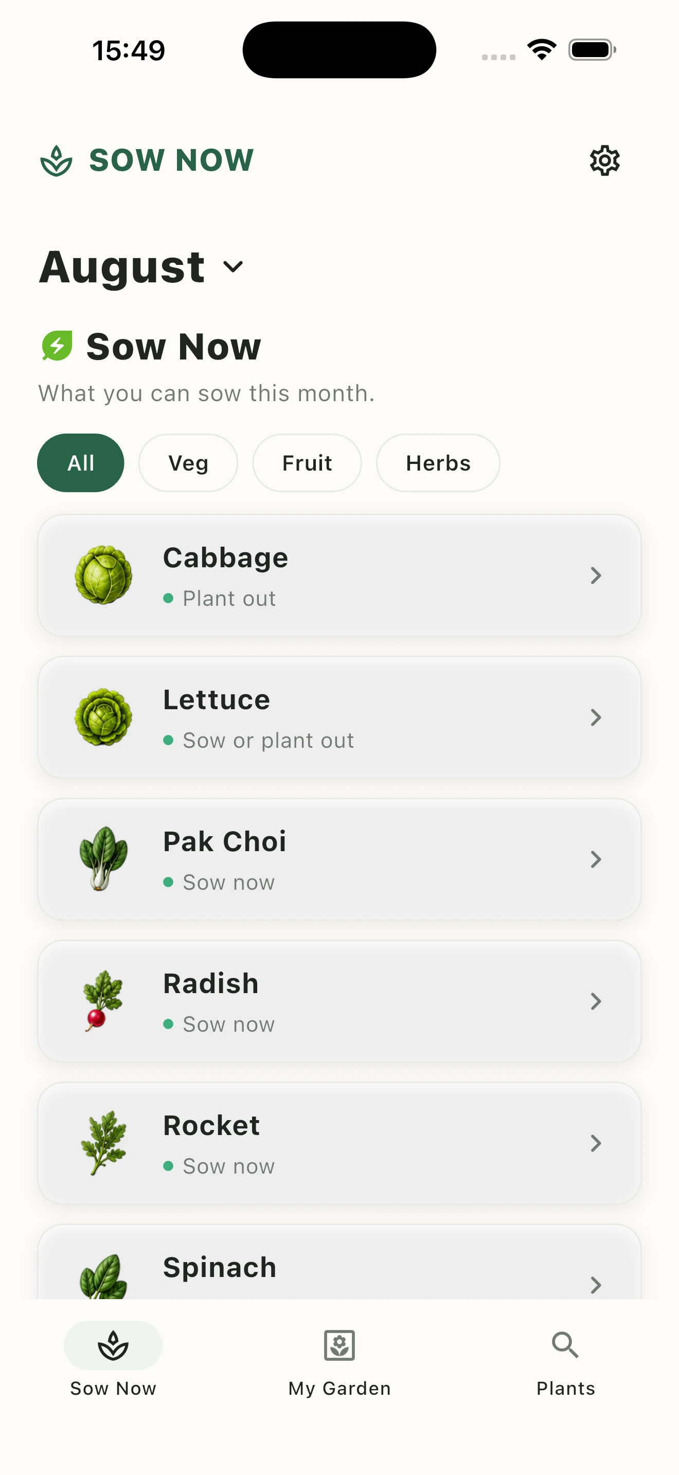 Sow Now plant library with category filters and search